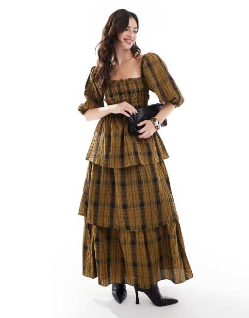 Glamorous Tiered maxi dress in olive check 