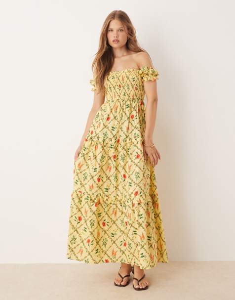 Glamorous Tiered maxi dress in yellow floral lattice