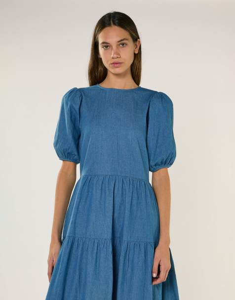 Glamorous Tiered maxi dress with puff sleeves in washed blue - view 1