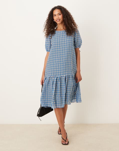 Glamorous Tiered midi dress with puff sleeves in blue multi check - view 1