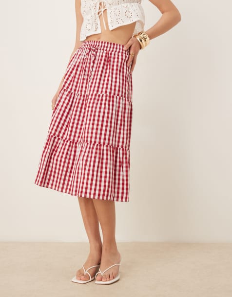 Glamorous tiered midi skirt in cherry red gingham