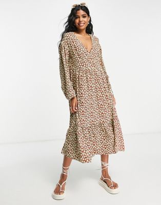 Glamorous tiered midi smock dress in brown floral