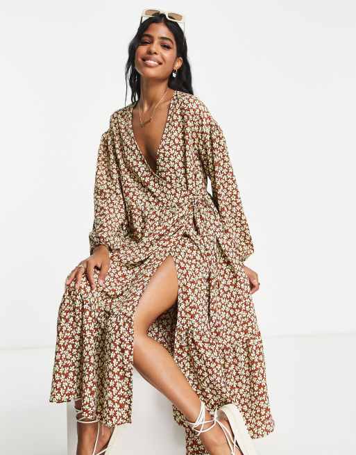 Glamorous tiered midi smock dress in brown floral