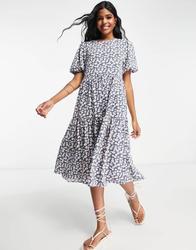 Glamorous tiered midi smock dress with tie back in blue base daisy