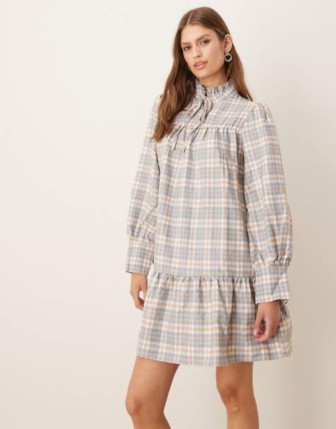 Glamorous Tiered mini dress with neck ruffle in light blue multi check - view 1