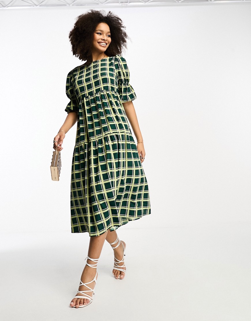 Glamorous Tiered Puff Sleeve Tie Back Midi Dress In Green Check
