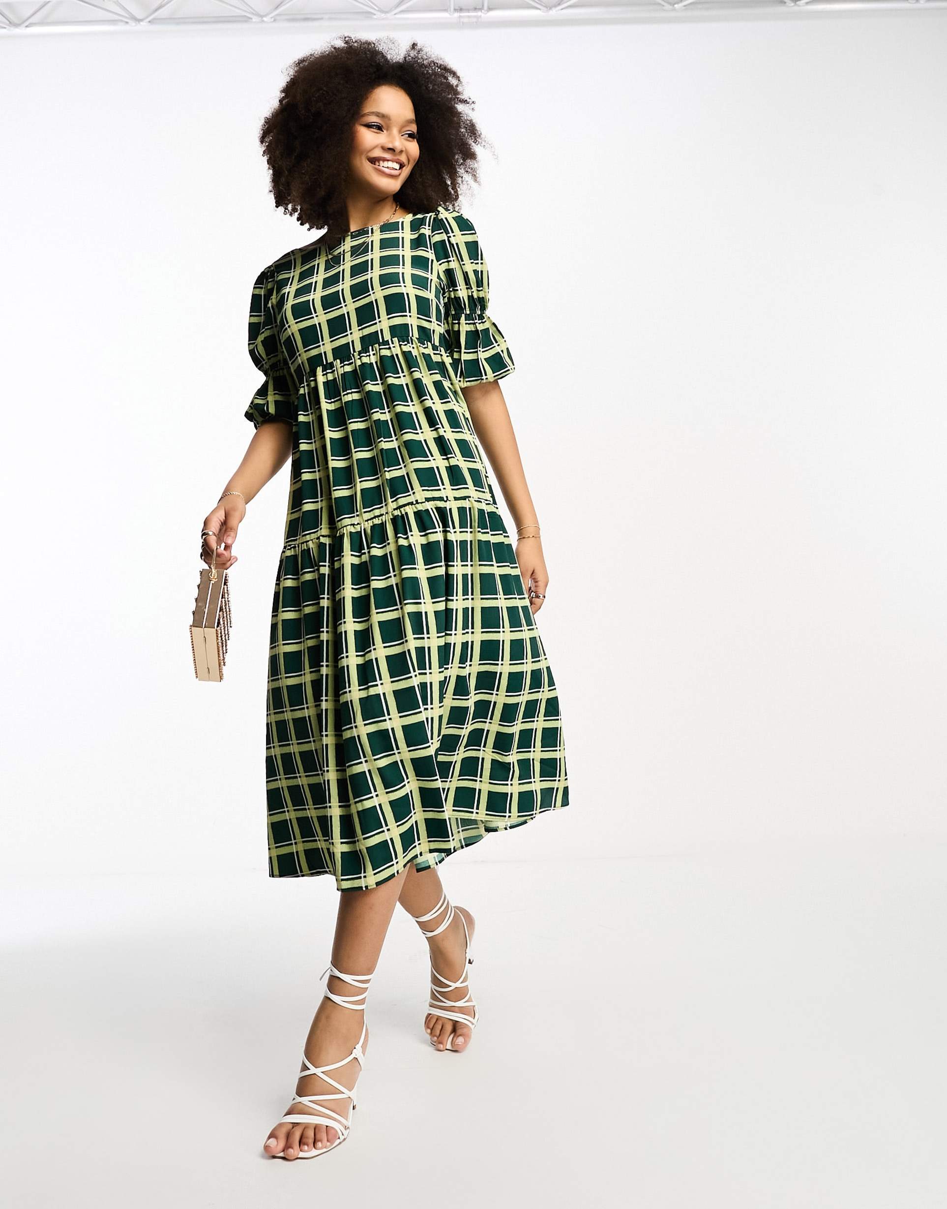 glamorous tiered puff sleeve tie back midi dress in green check