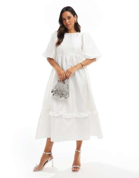 Glamorous tiered tie-back midi-dress in off white brocade