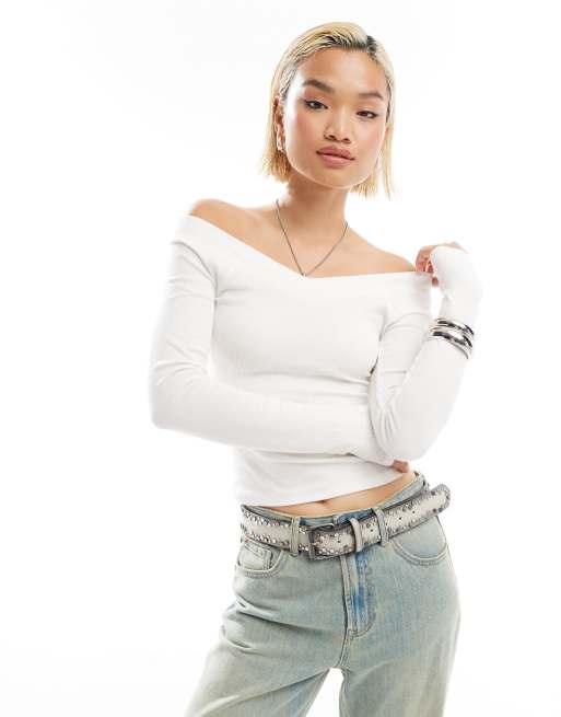 Glamorous - Top a maniche lunghe bianco a coste con scollo a V