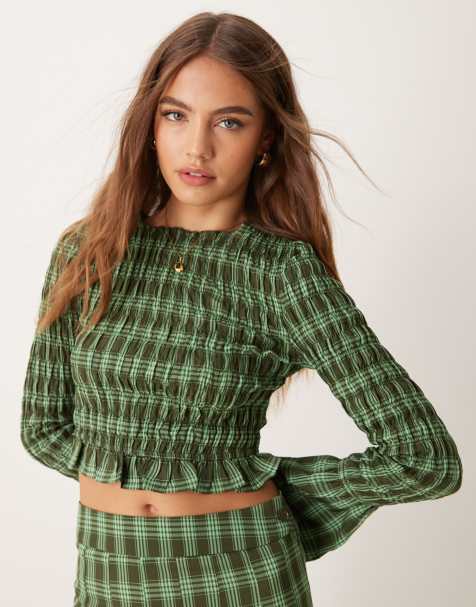 Glamorous - Top corto arricciato marrone e verde a quadri in coordinato - view 1