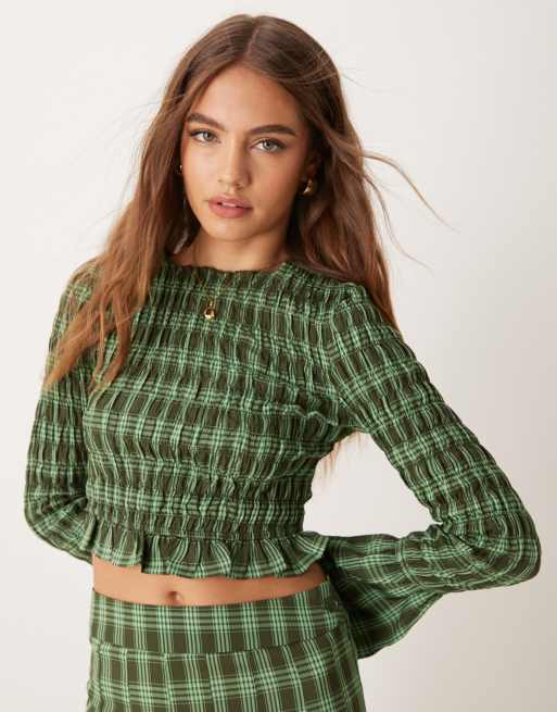 Glamorous - Top corto arricciato marrone e verde a quadri in coordinato