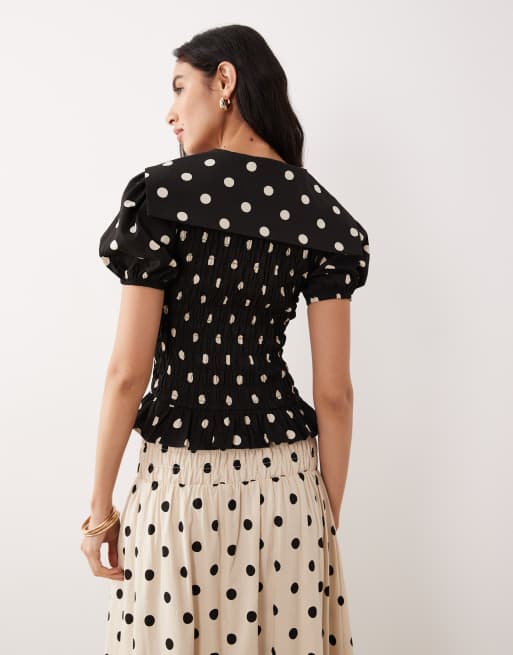 Glamorous - Top froncé d'ensemble à pois avec manches bouffantes et col - Noir, 4 de 4