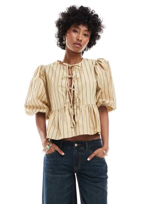 Glamorous - Top grembiule beige a righe marroni con fiocchi sul davanti