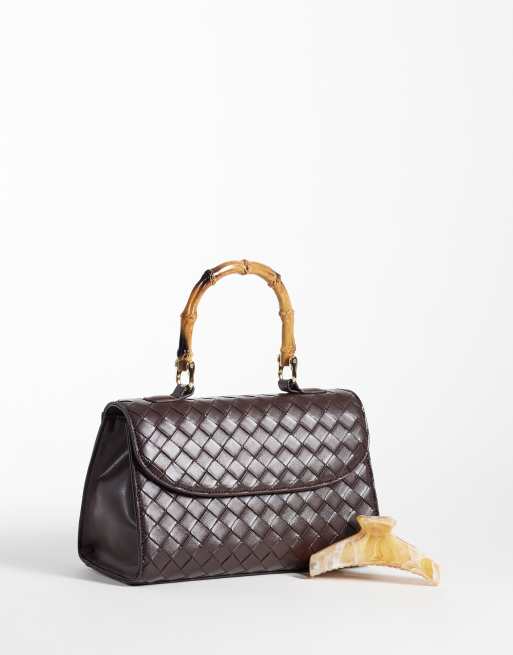 Glamorous top handle bag in brown weave, 2 of 4