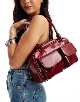 top handle pocket detail bag in burgundy-Red