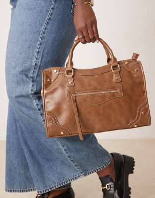 top handle tote bag in brown