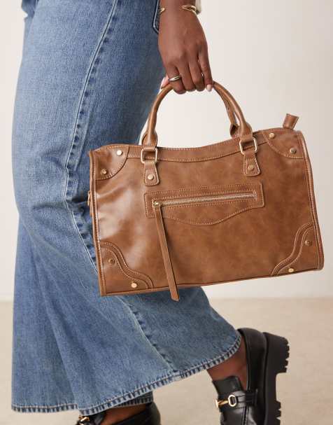 Glamorous top handle tote bag in brown - view 1