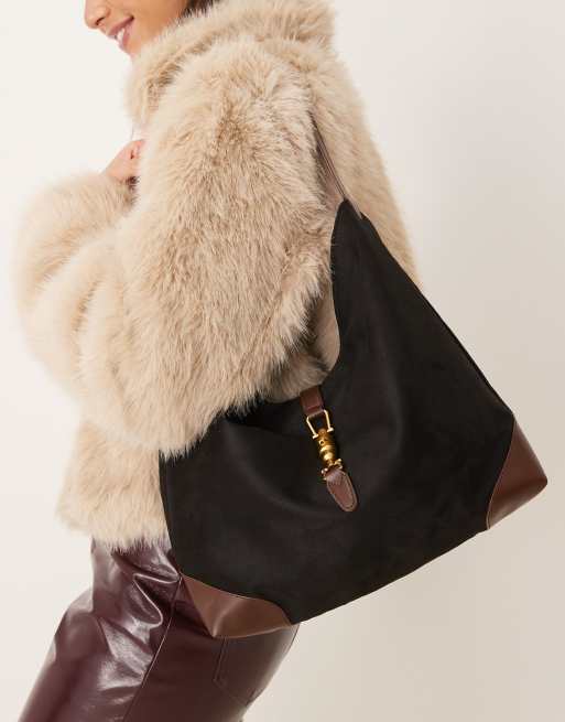 Glamorous – Torba typu tote na ramię ze wstawkami z imitacji zamszu w kolorze czarnym i jasnobrązowym 