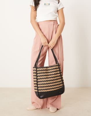Glamorous - Tote bag en paille rayée - Noir et naturel-Multicolore