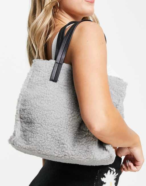 Glamorous tote bag in grey teddy faux fur