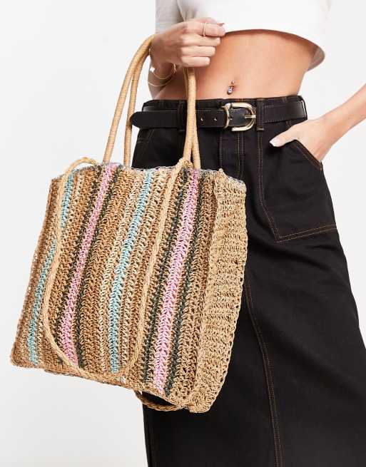 Glamorous - Tote strandtas van stro met pastel strepen 