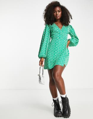 Glamorous Tulip Print Wrap Mini Dress In Green