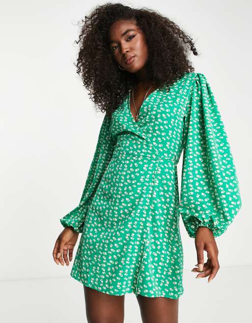 Glamorous tulip print wrap mini dress in green