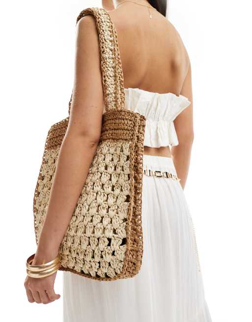 Glamorous - Tweekleurige strandtote van stro in naturel