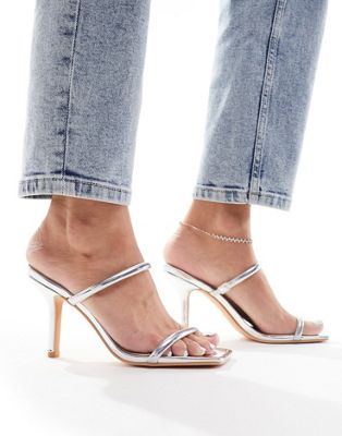 two strap mule heeled sandals in silver