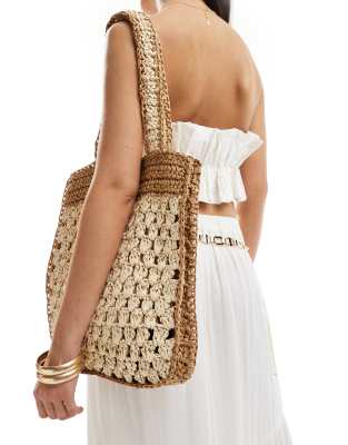 Glamorous Two Tone Straw Beach Tote Bag In Natural-neutral