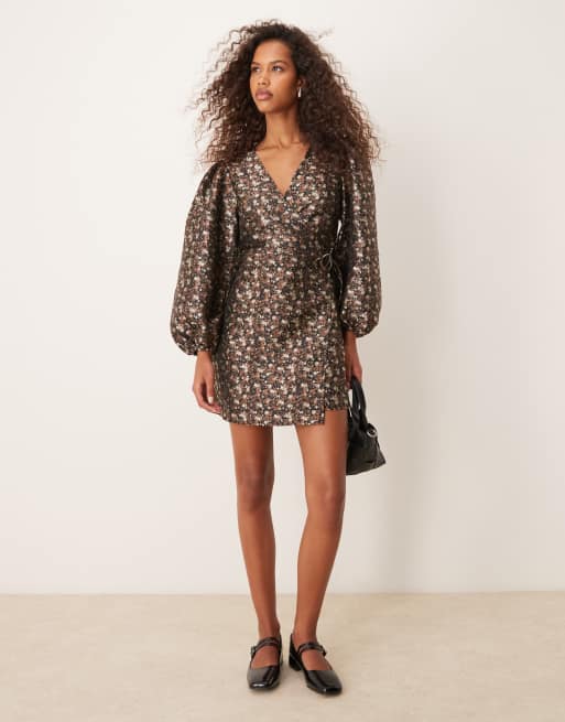 Glamorous v neck balloon sleeve mini dress with front wrap in 70s black floral
