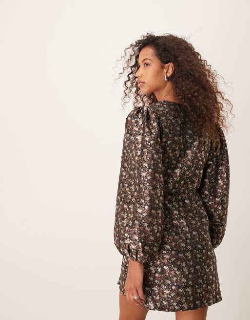 Glamorous v neck balloon sleeve mini dress with front wrap in 70s black floral