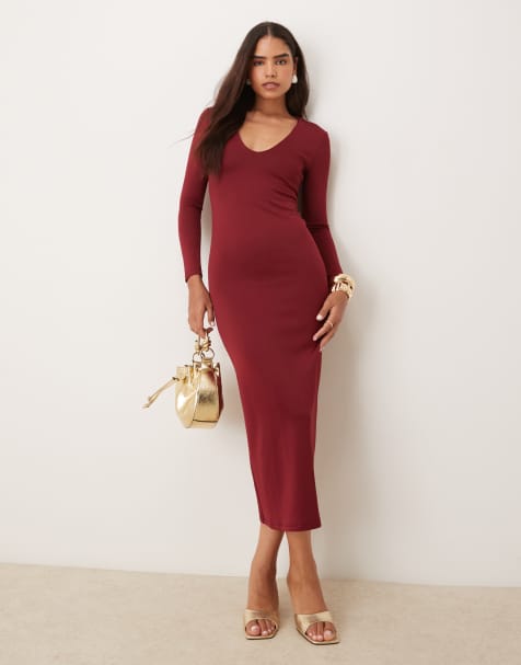 Glamorous v neck bodycon maxi dress in burgundy - view 1