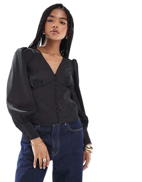 Glamorous V-neck button front blouse in black sateen - view 1