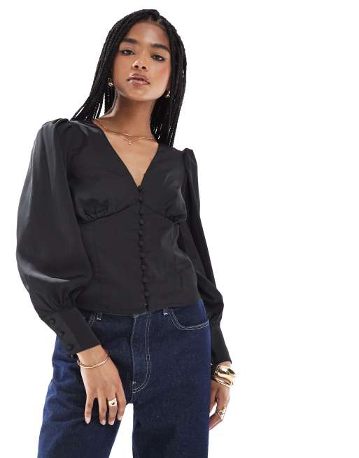 Glamorous V-neck button front blouse in black sateen