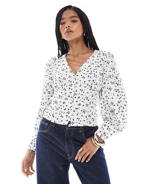 Glamorous V-neck button front blouse in white black splodge - view 1