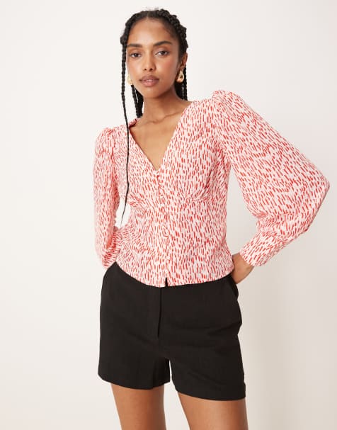 Glamorous v-neck button front blouse in white red print - view 1
