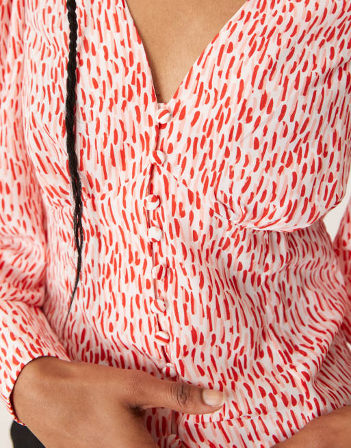 Glamorous v-neck button front blouse in white red print, 2 of 4