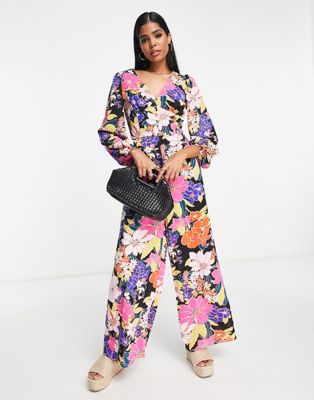 Glamorous v-neck button front jumpsuit in bright retro floral