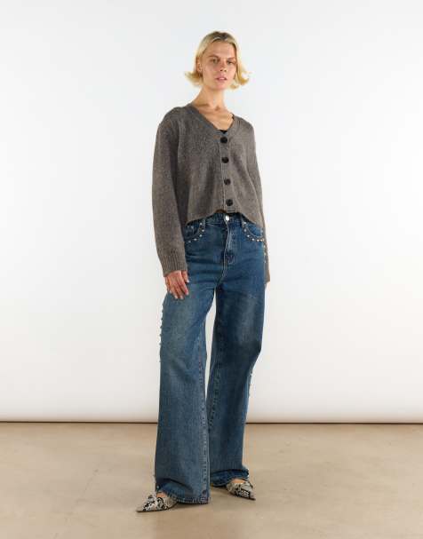 Glamorous V-neck button front long sleeve cardigan in charcoal - view 1