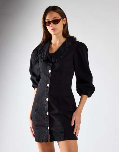 Glamorous V-neck button front mini-dress in black - view 1
