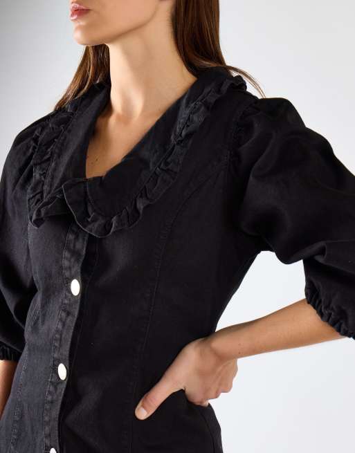 Glamorous V-neck button front mini-dress in black, 4 of 4