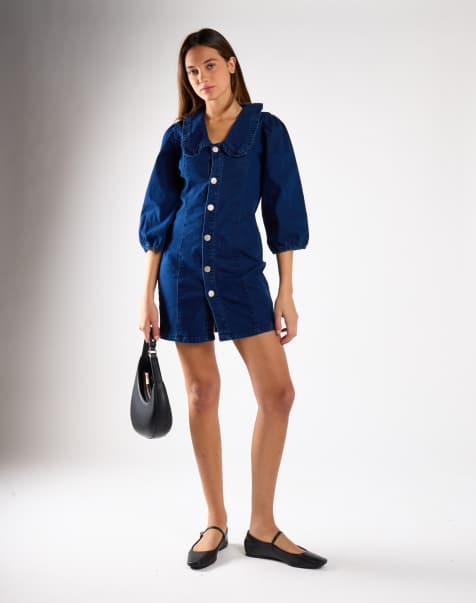 Glamorous V-neck button front mini-dress in dark stonewash - view 1