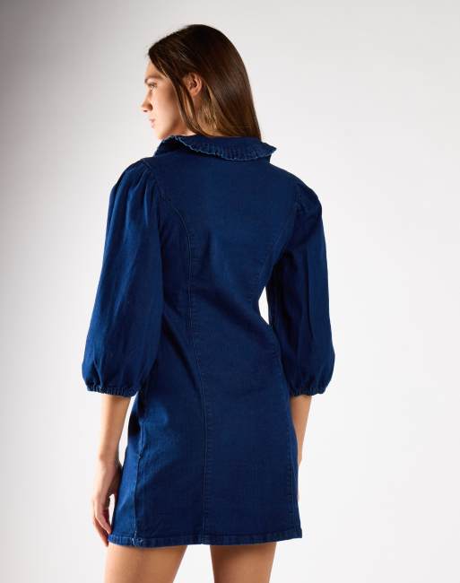 Glamorous V-neck button front mini-dress in dark stonewash, 4 of 4