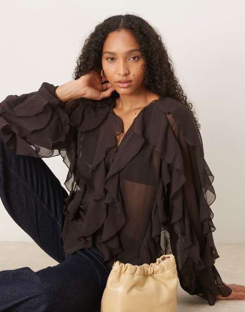 Glamorous V-Neck Button Front Ruffle Blouse in deep brown - view 1