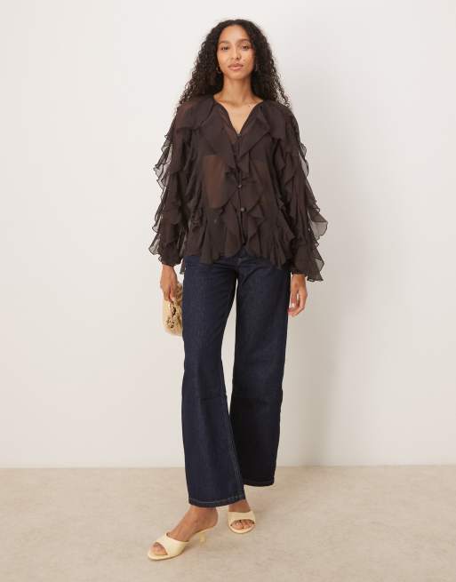 Glamorous V-Neck Button Front Ruffle Blouse in deep brown, 2 of 4