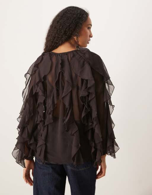 Glamorous V-Neck Button Front Ruffle Blouse in deep brown, 3 of 4