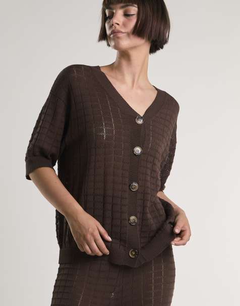 Glamorous V-neck button knit shirt in brown - view 1