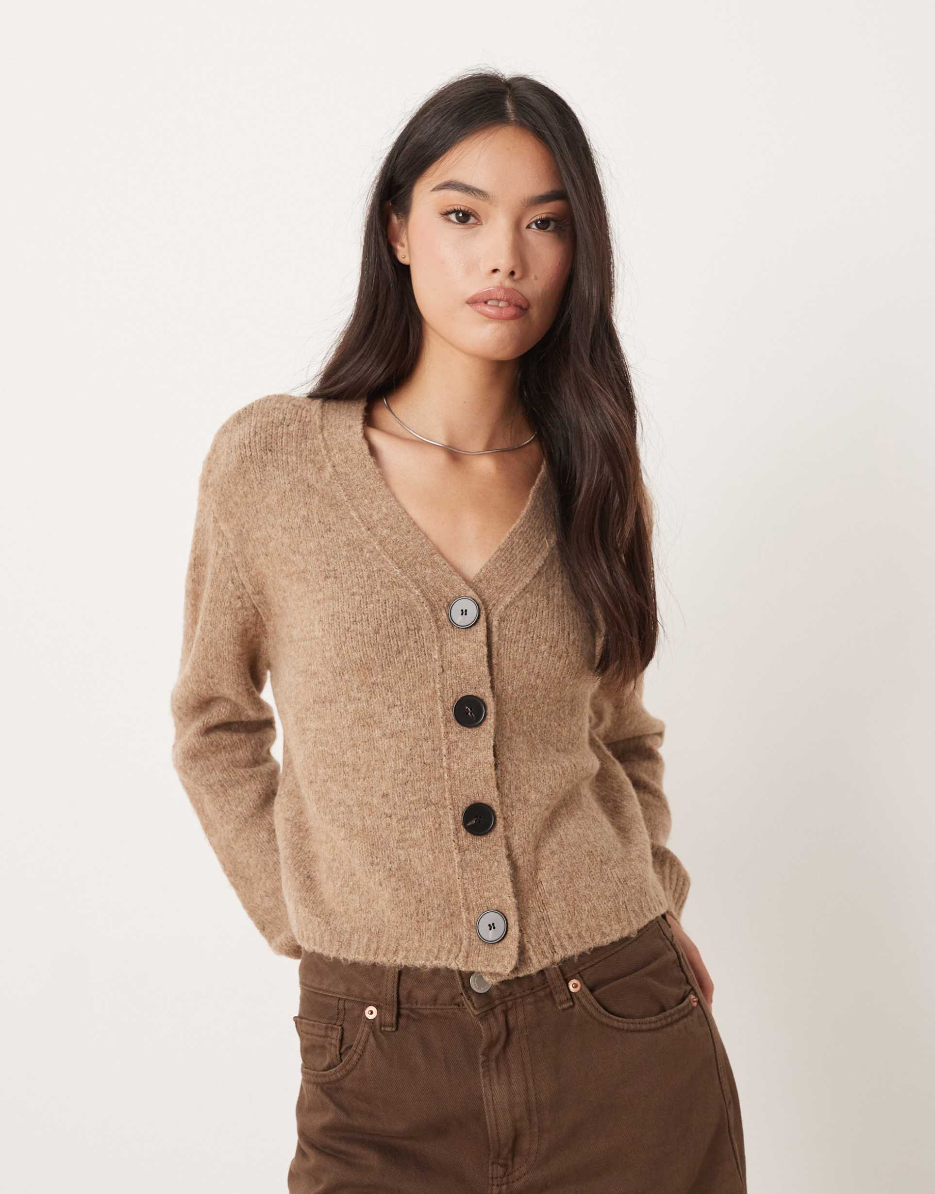 glamorous v neck button up cardigan in brown