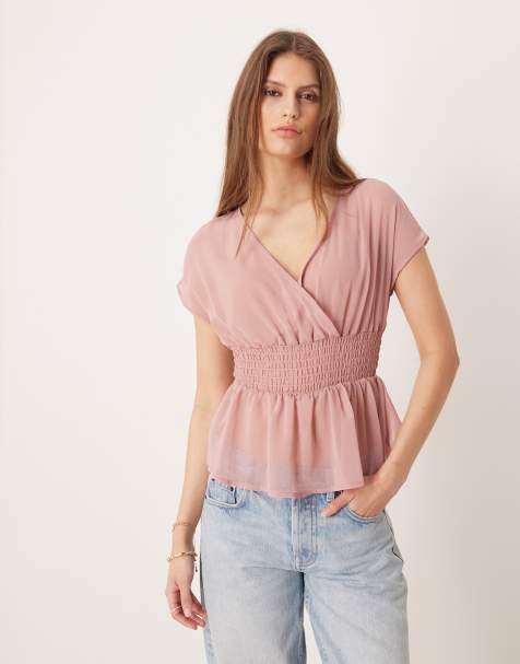 Glamorous v-neck chiffon angel sleeve blouse in pink blush - view 1